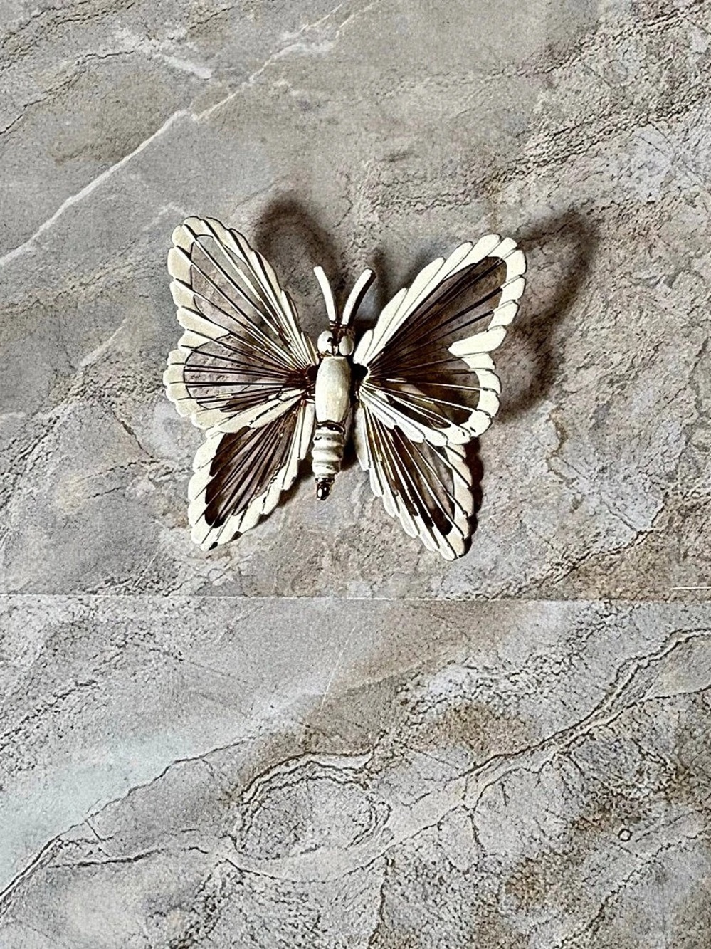 Butterfly Brooch Pin White and Gold Tone Metal